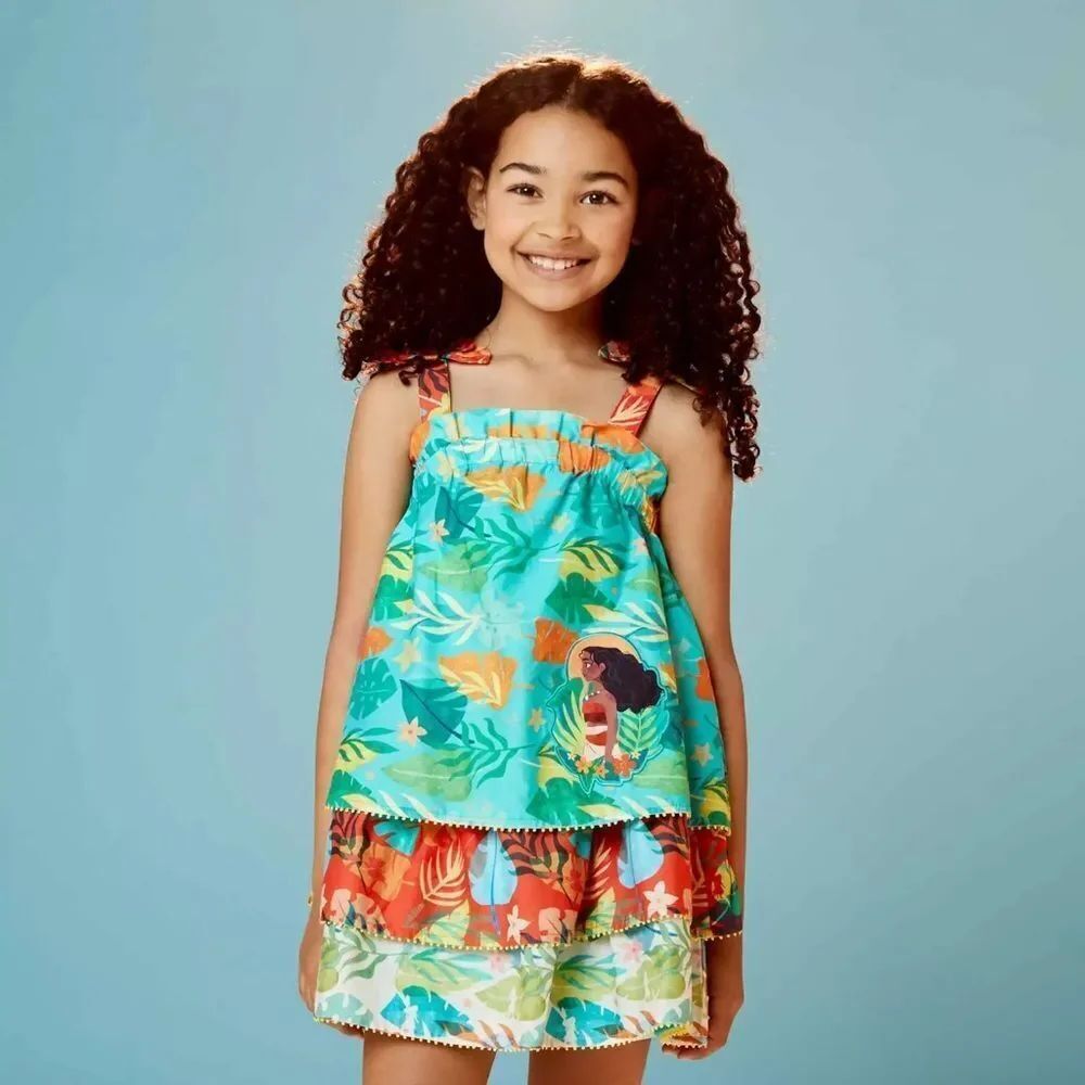Disney Store Moana Dress Girls 9/10 Teal Floral Tiered Sleeveless Colorful